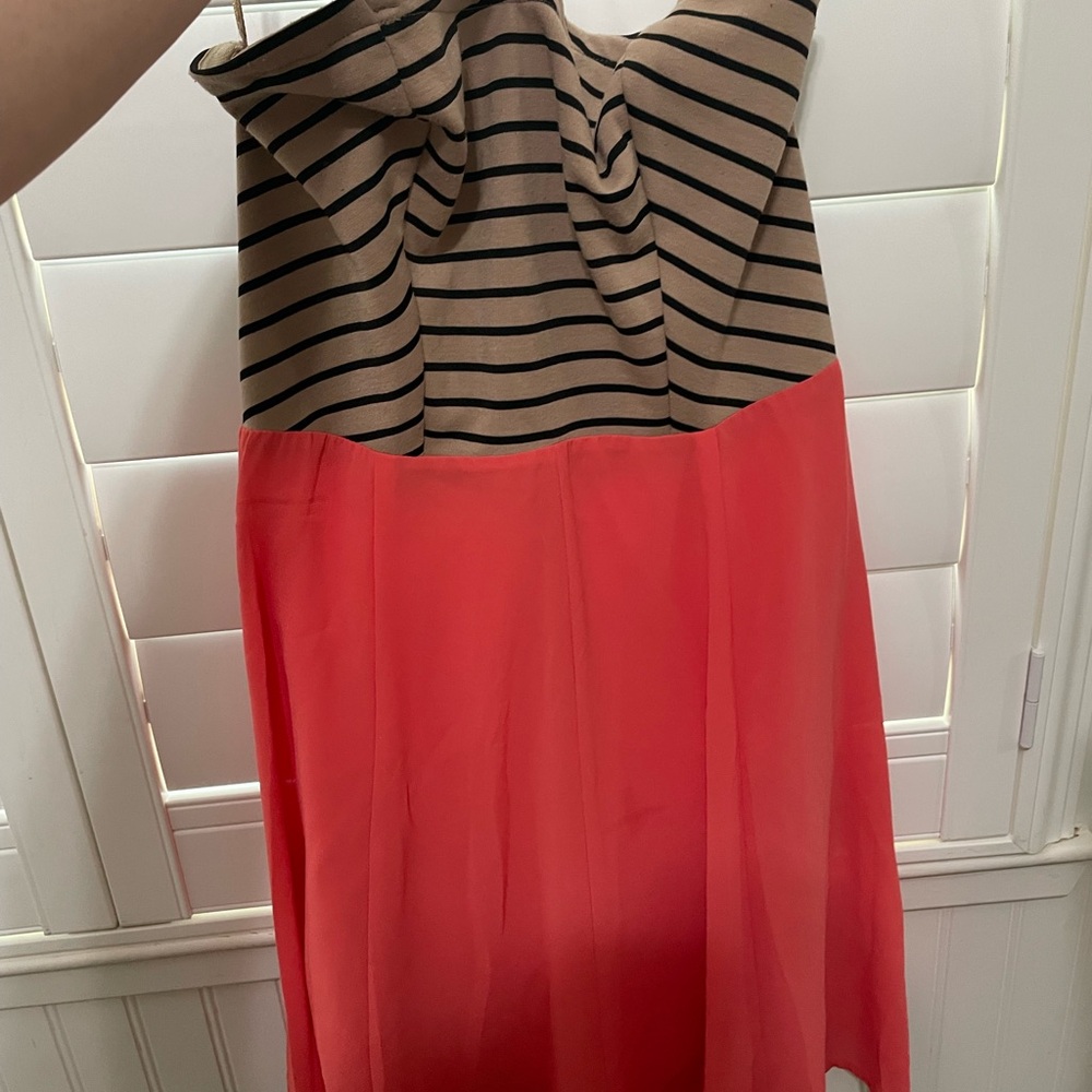 Striped Black and Tan Top with flowy Red/pink a line Dress